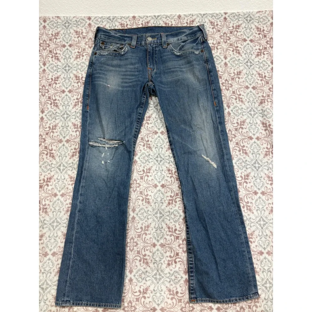 True Religion Ricky Straight Leg Distressed Blue Jeans Mens 33 Made in USA N3859